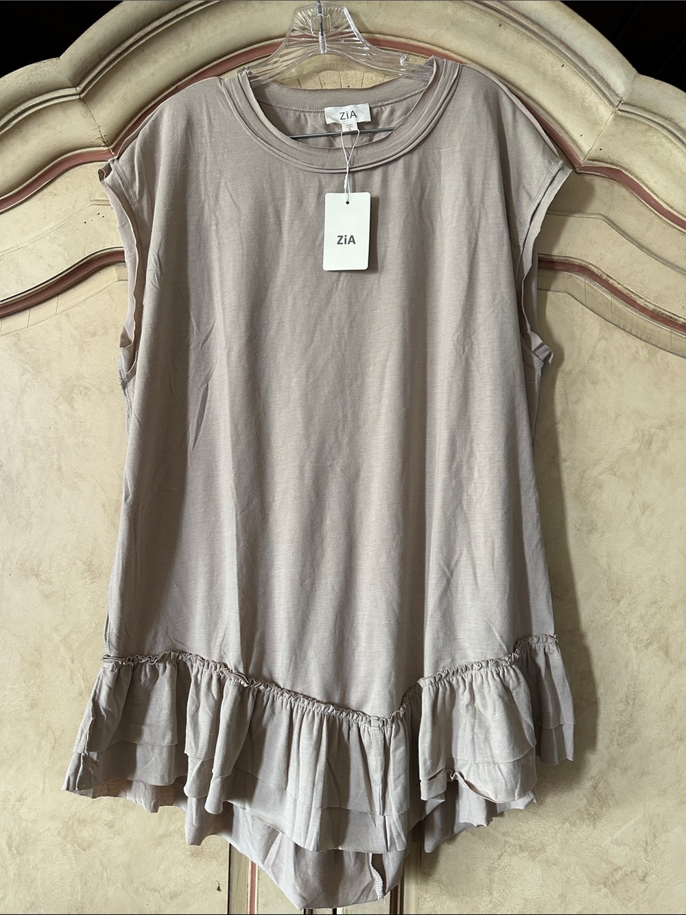 NWT Boutique Brand Taupe Ruffle-Hem Sleeveless Tunic size Small